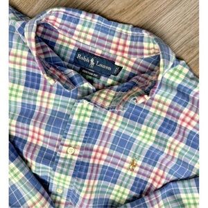 Ralph Lauren Men's Blue and Green Plaid Shirt